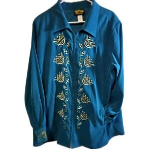 Bob Mackie Plus Size 1X Full Zip Jacket Green/Teal Embroidered Wearable Art EUC